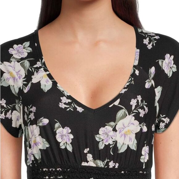 4 for $20 Juniors Y2K Babydoll Black Purple Floral Dress with Short Sleeves M - Picture 4 of 4